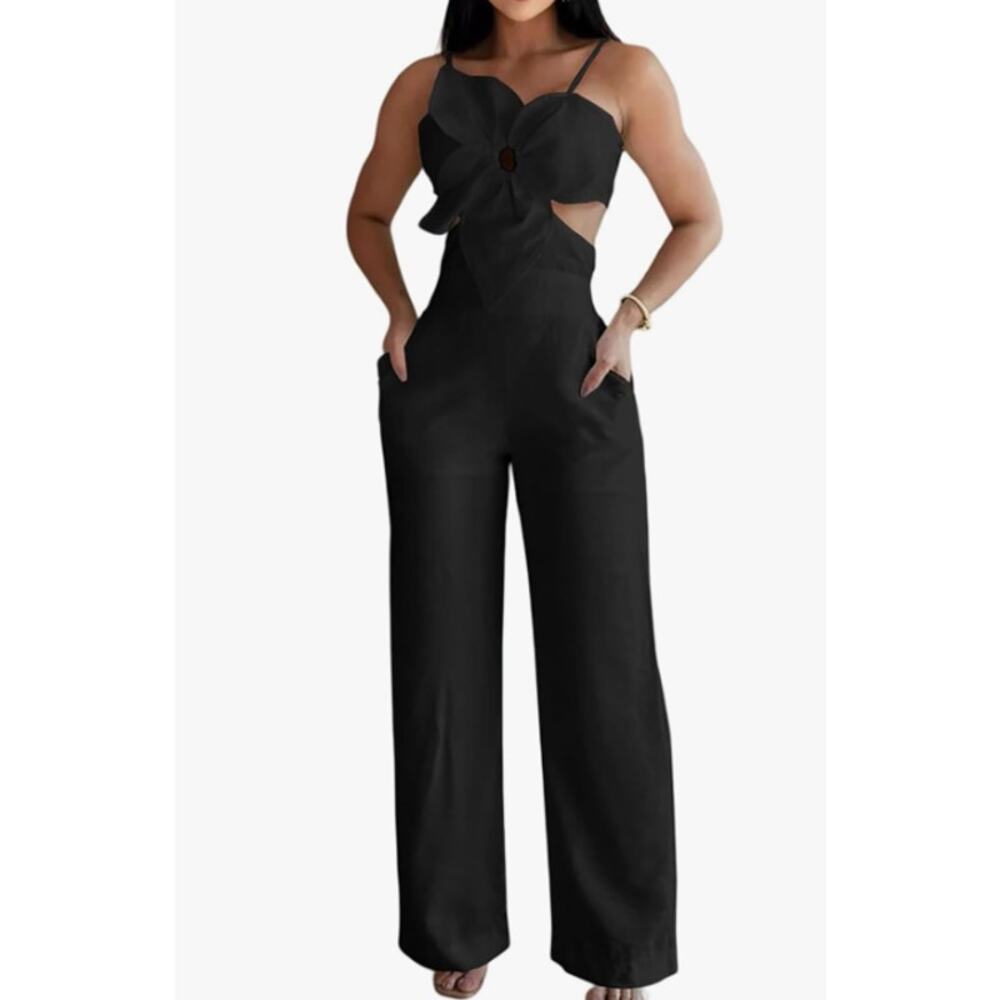 Black Cutout Wide-Leg Jumpsuit with Floral Front Detail